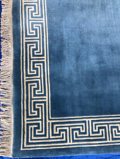 Stunning Blue and Beige Antique Collectible Ningxia or Ningshia Silk Area Rug — detail 4