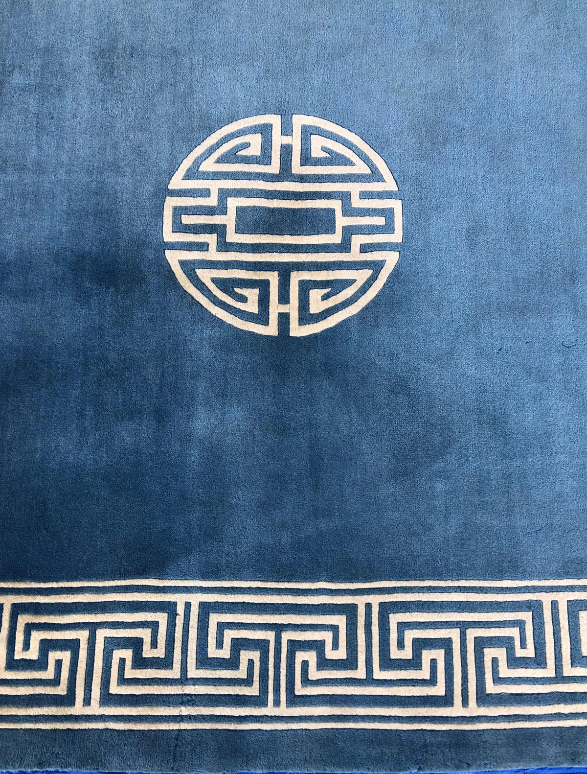 Stunning Blue and Beige Antique Collectible Ningxia or Ningshia Silk Area Rug — detail 5