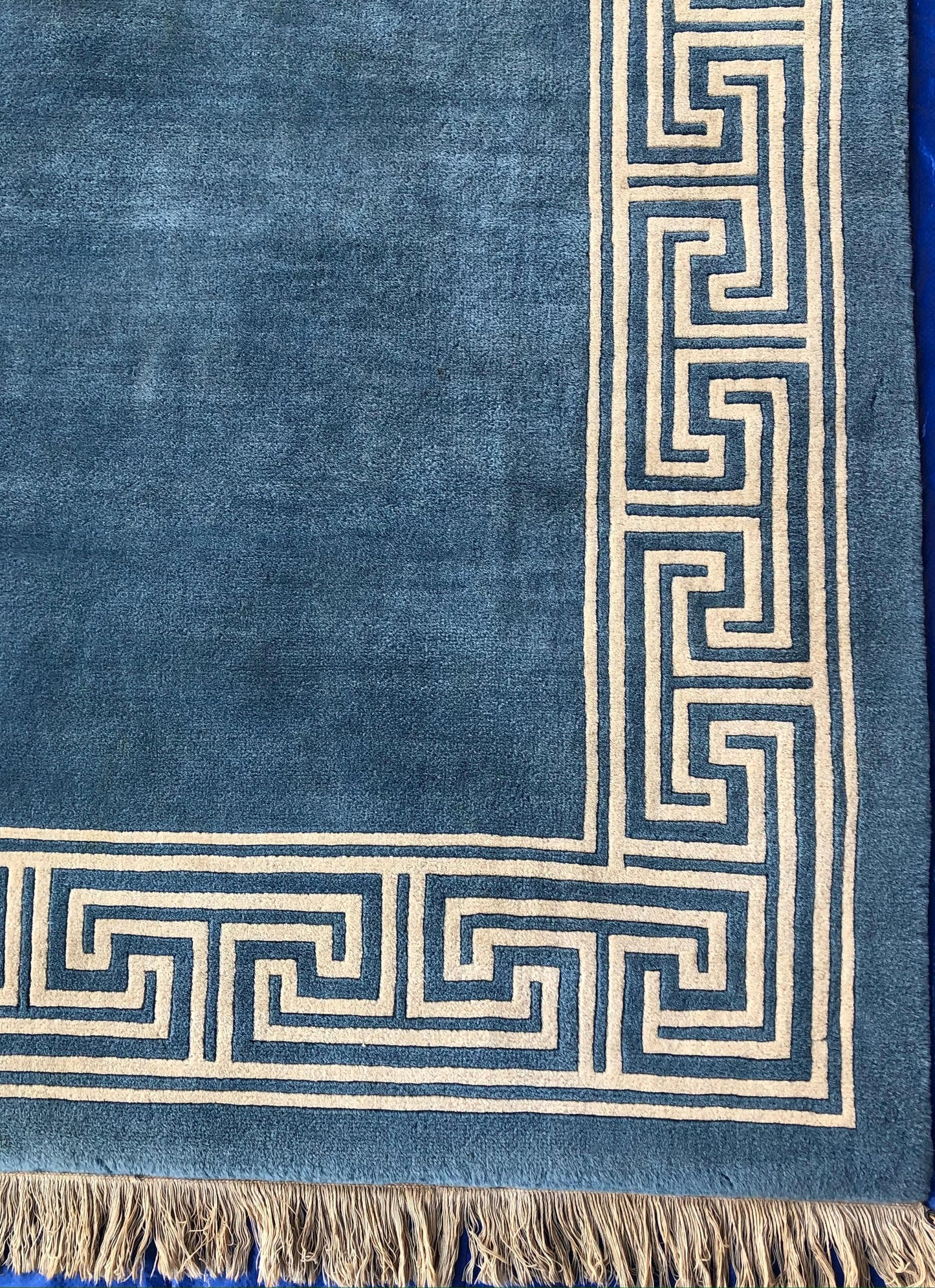 Stunning Blue and Beige Antique Collectible Ningxia or Ningshia Silk Area Rug — detail 6