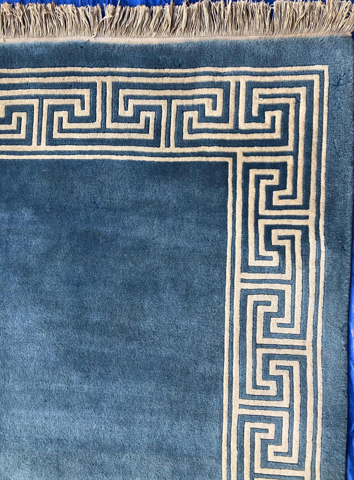 Stunning Blue and Beige Antique Collectible Ningxia or Ningshia Silk Area Rug — detail 7