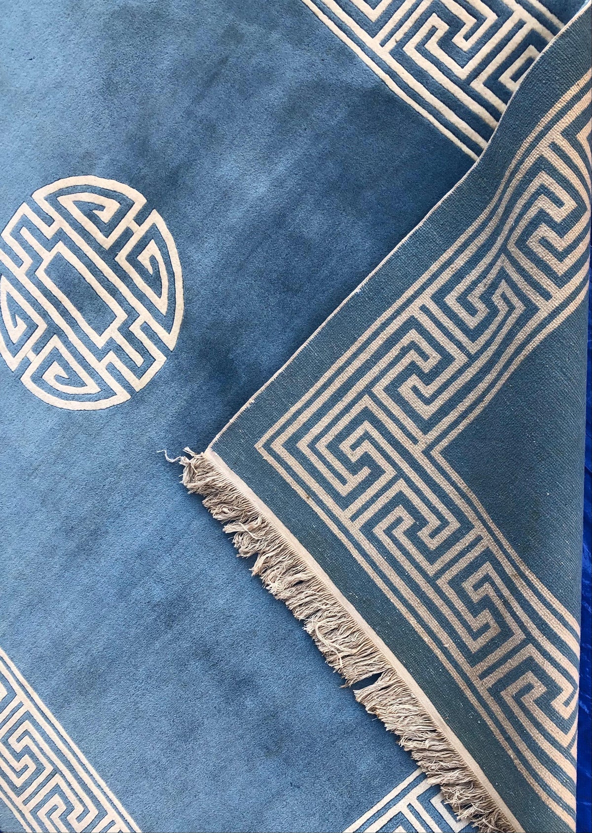 Stunning Blue and Beige Antique Collectible Ningxia or Ningshia Silk Area Rug — detail 3