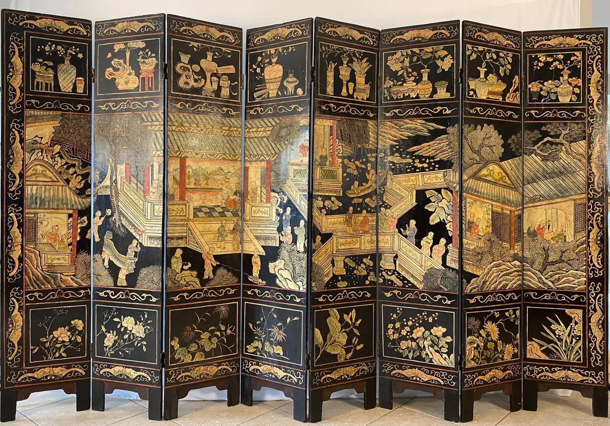 Chinese Qing Eight Panel Screen Early 19th Century Coromandel — detail 2