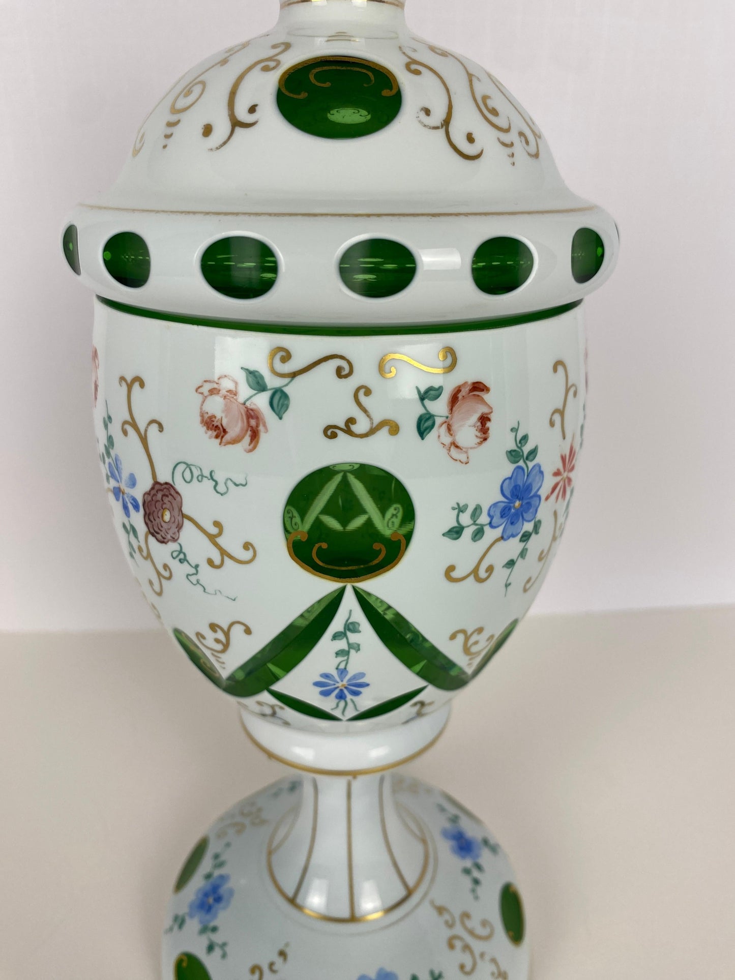 Bohemian Czech Glass Pottery, Set of 3 Green & White Decorative Objects — detail 9