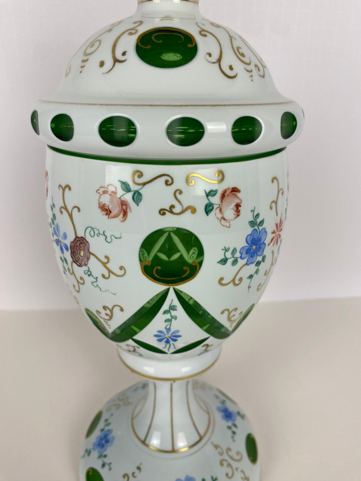 Bohemian Czech Glass Pottery, Set of 3 Green & White Decorative Objects — detail 9
