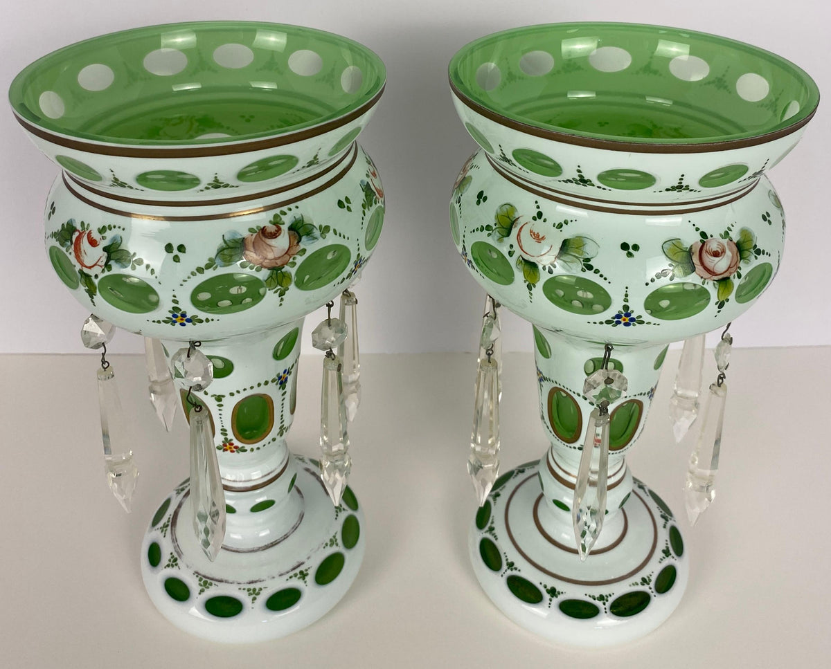 Bohemian Czech Glass Pottery, Set of 3 Green & White Decorative Objects — detail 3