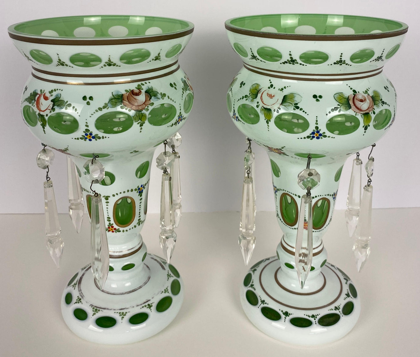 Bohemian Czech Glass Pottery, Set of 3 Green & White Decorative Objects — detail 4