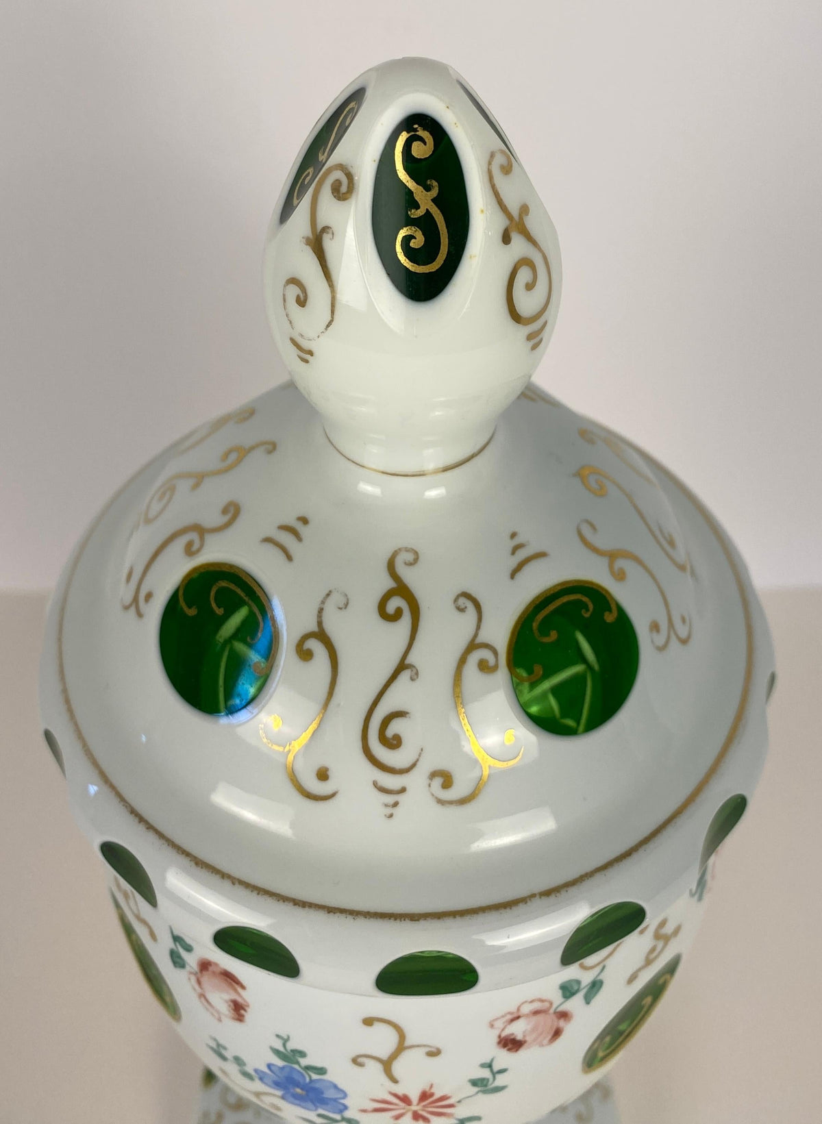 Bohemian Czech Glass Pottery, Set of 3 Green & White Decorative Objects — detail 6