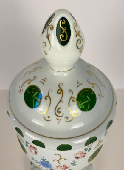 Bohemian Czech Glass Pottery, Set of 3 Green & White Decorative Objects — detail 6