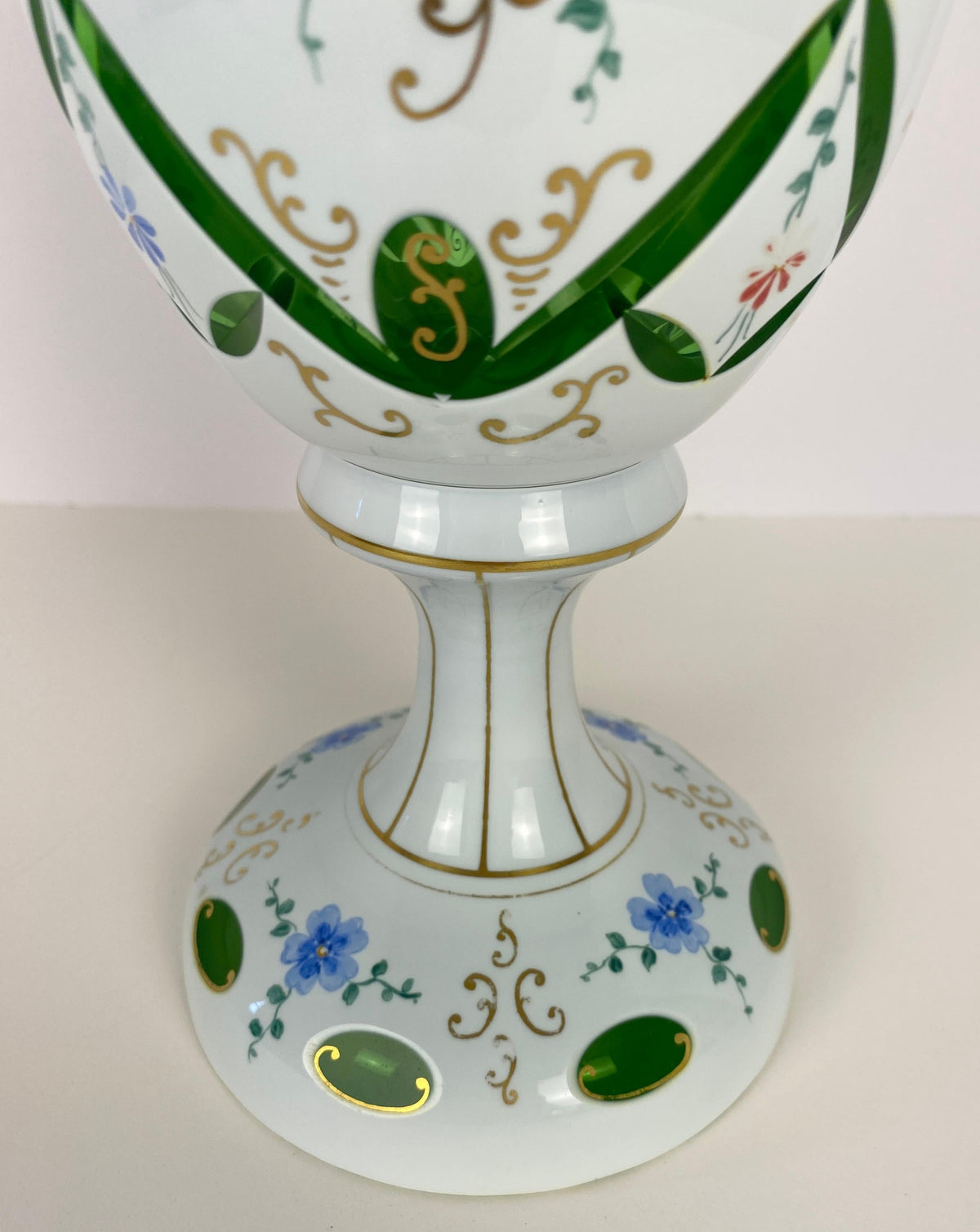 Bohemian Czech Glass Pottery, Set of 3 Green & White Decorative Objects — detail 7