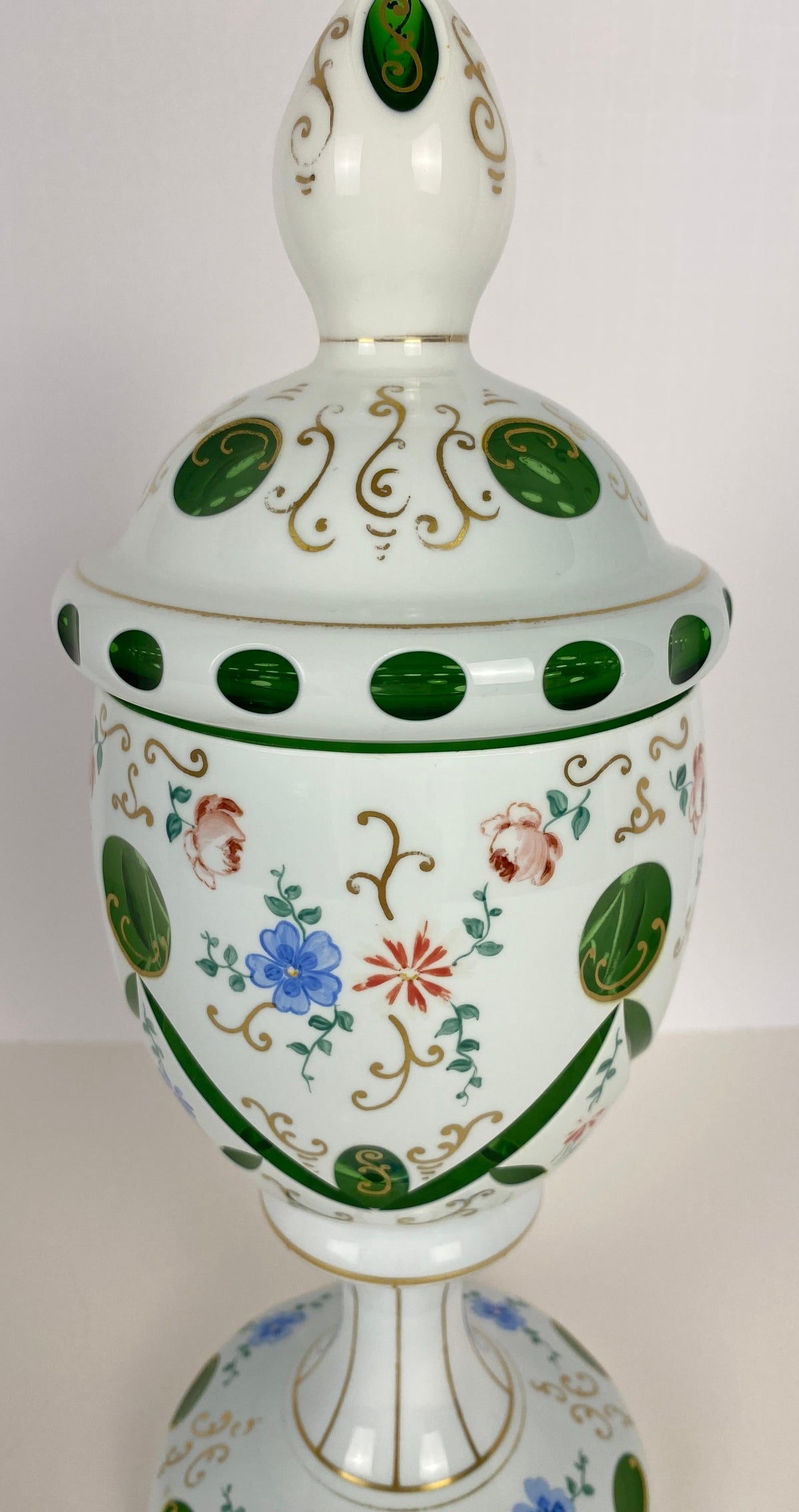 Bohemian Czech Glass Pottery, Set of 3 Green & White Decorative Objects — detail 8