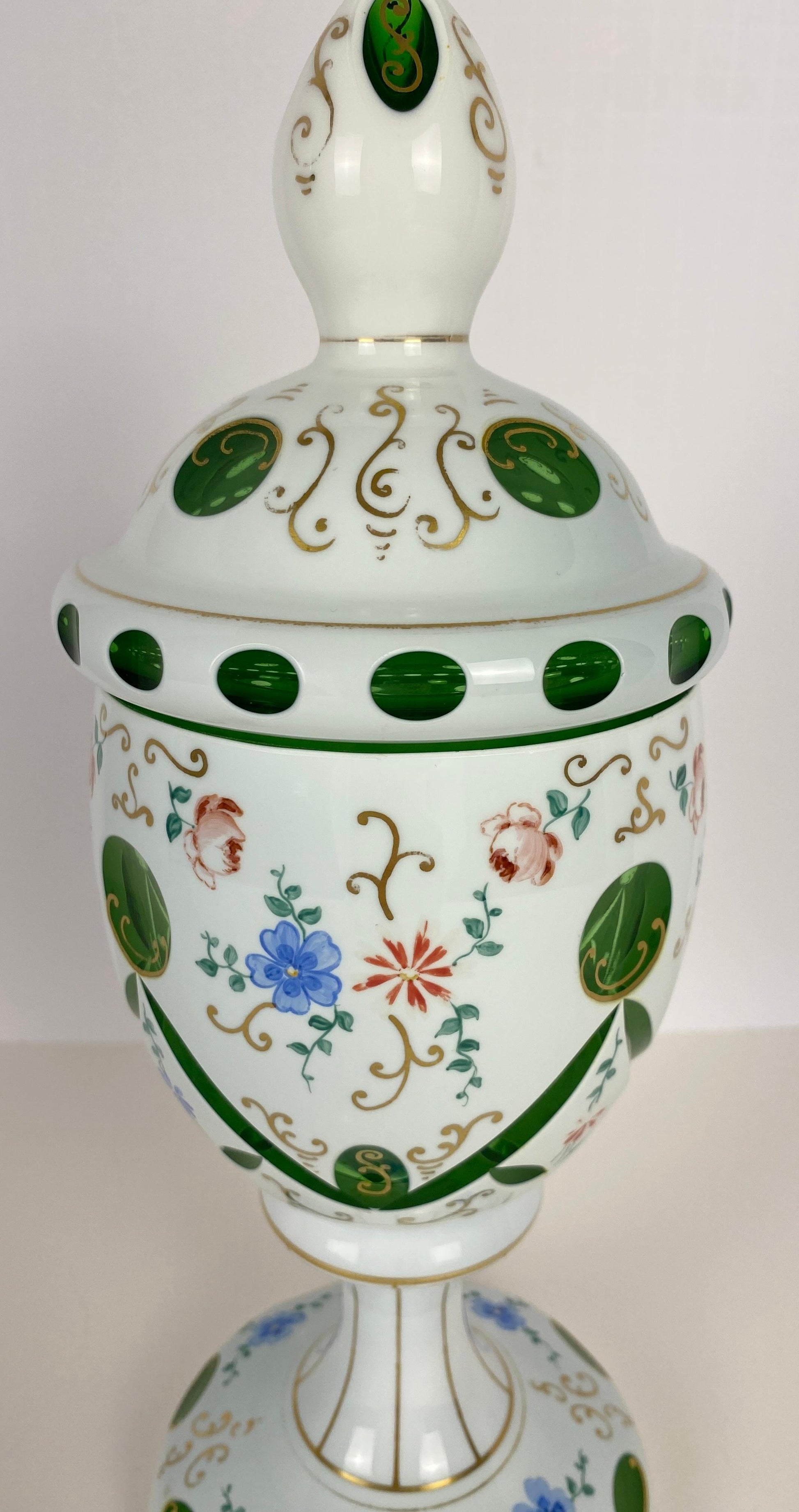 Bohemian Czech Glass Pottery, Set of 3 Green & White Decorative Objects — detail 8