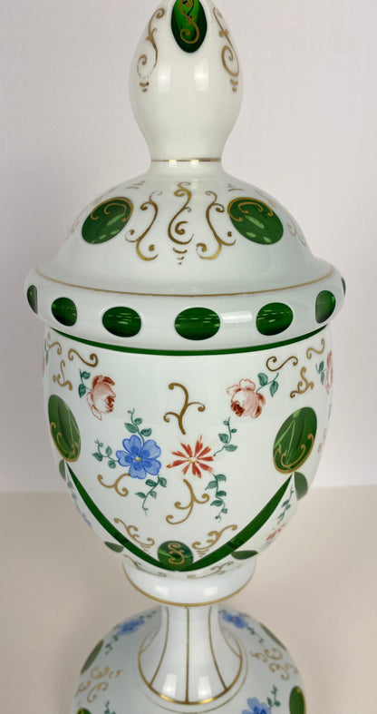 Bohemian Czech Glass Pottery, Set of 3 Green & White Decorative Objects — detail 8