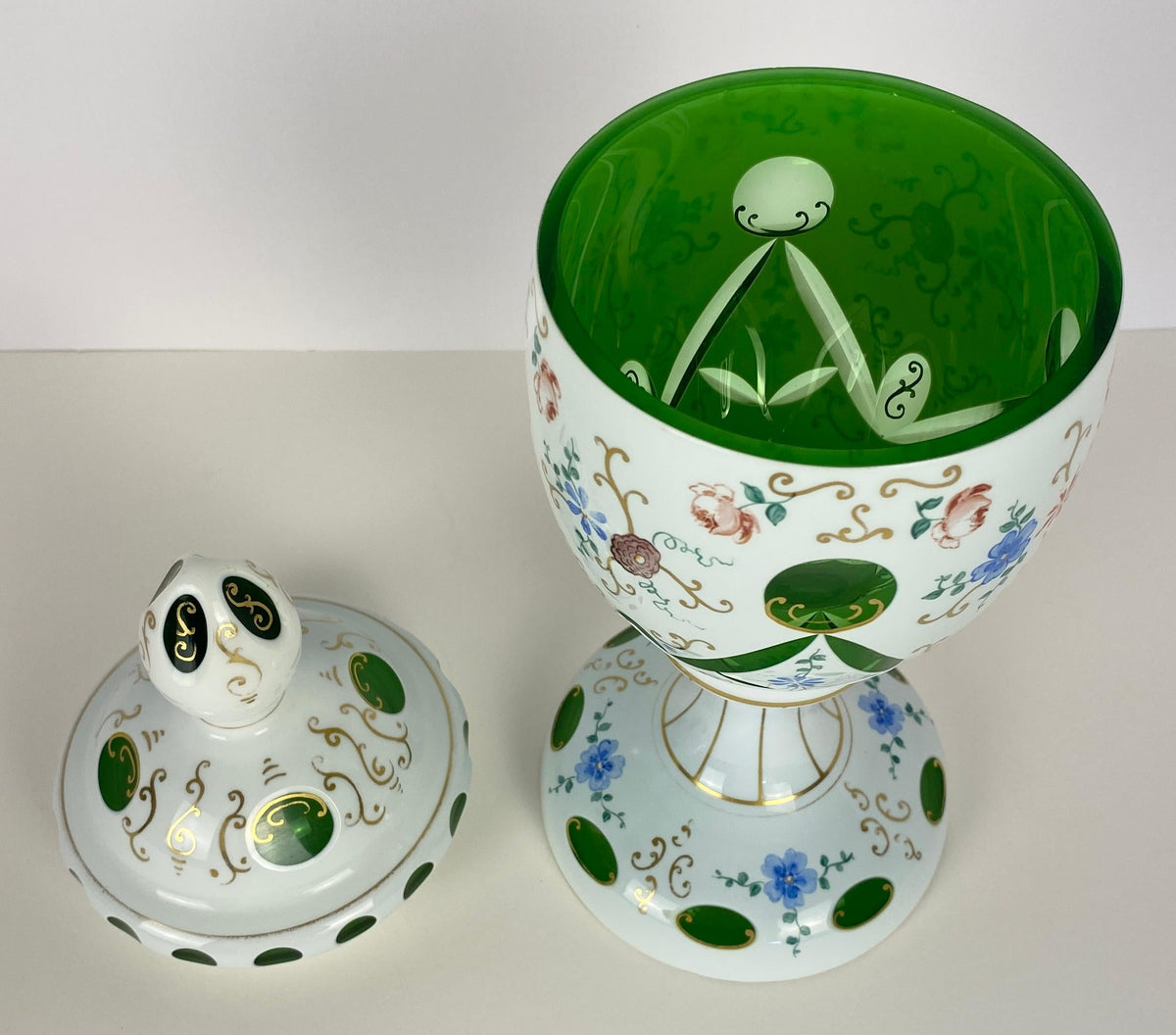 Bohemian Czech Glass Pottery, Set of 3 Green & White Decorative Objects — detail 10