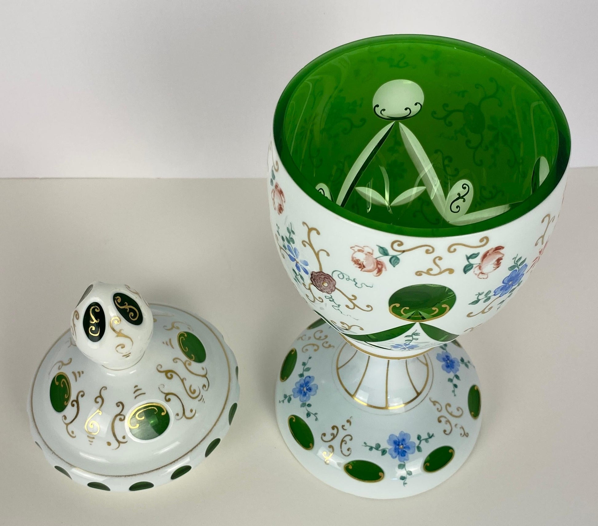 Bohemian Czech Glass Pottery, Set of 3 Green & White Decorative Objects — detail 10