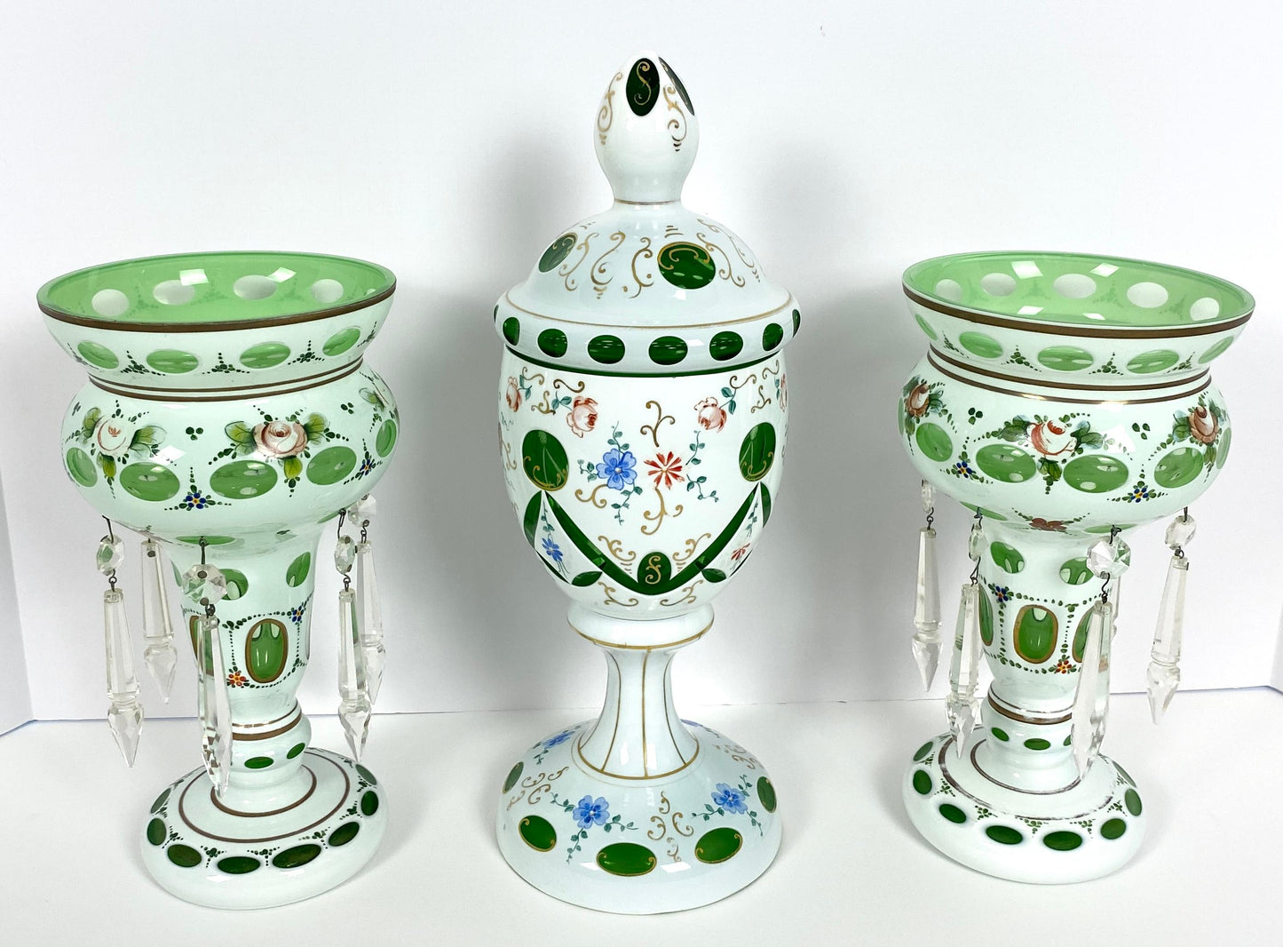 Bohemian Czech Glass Pottery, Set of 3 Green & White Decorative Objects — detail 2