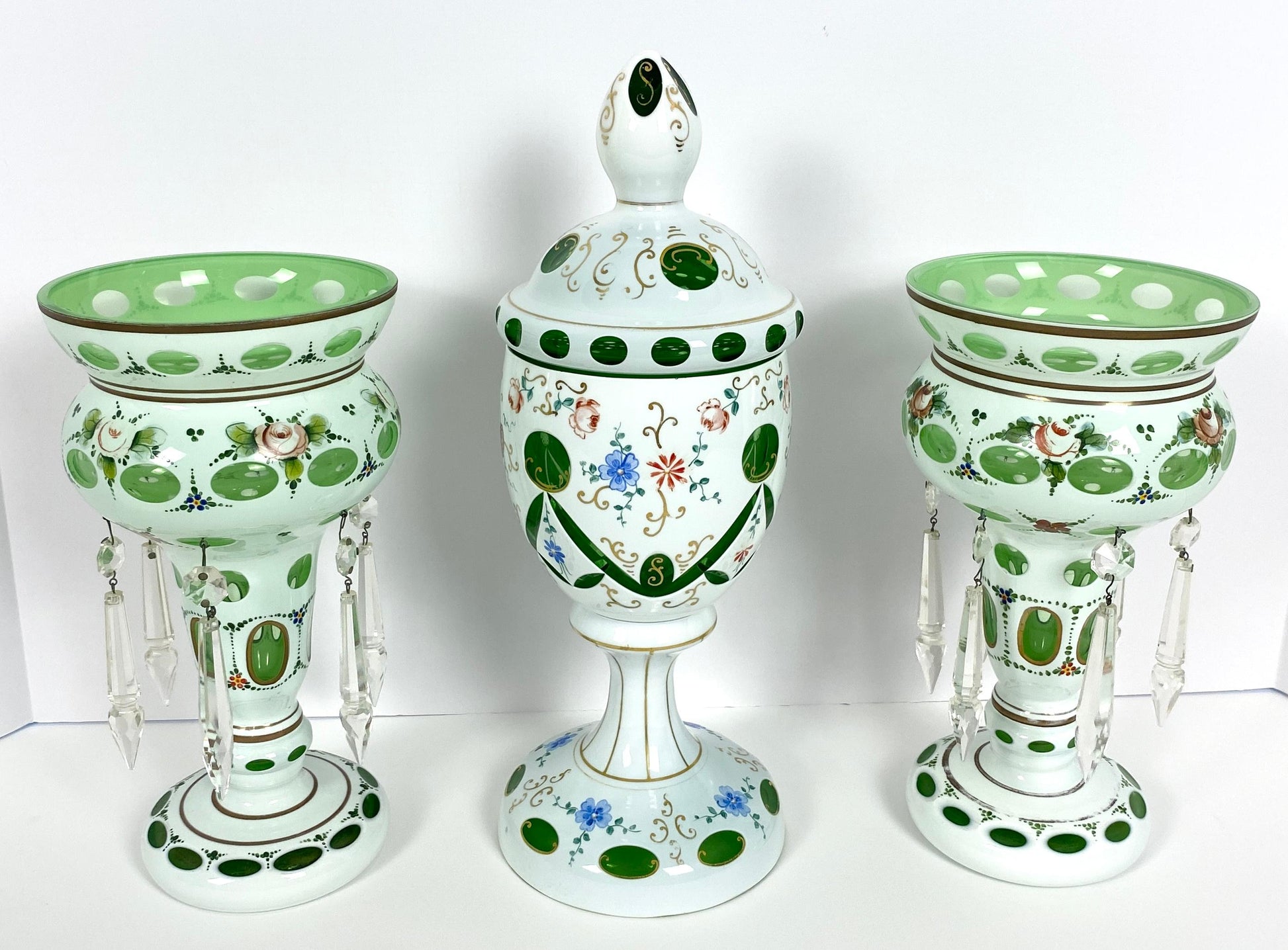 Bohemian Czech Glass Pottery, Set of 3 Green & White Decorative Objects — detail 2