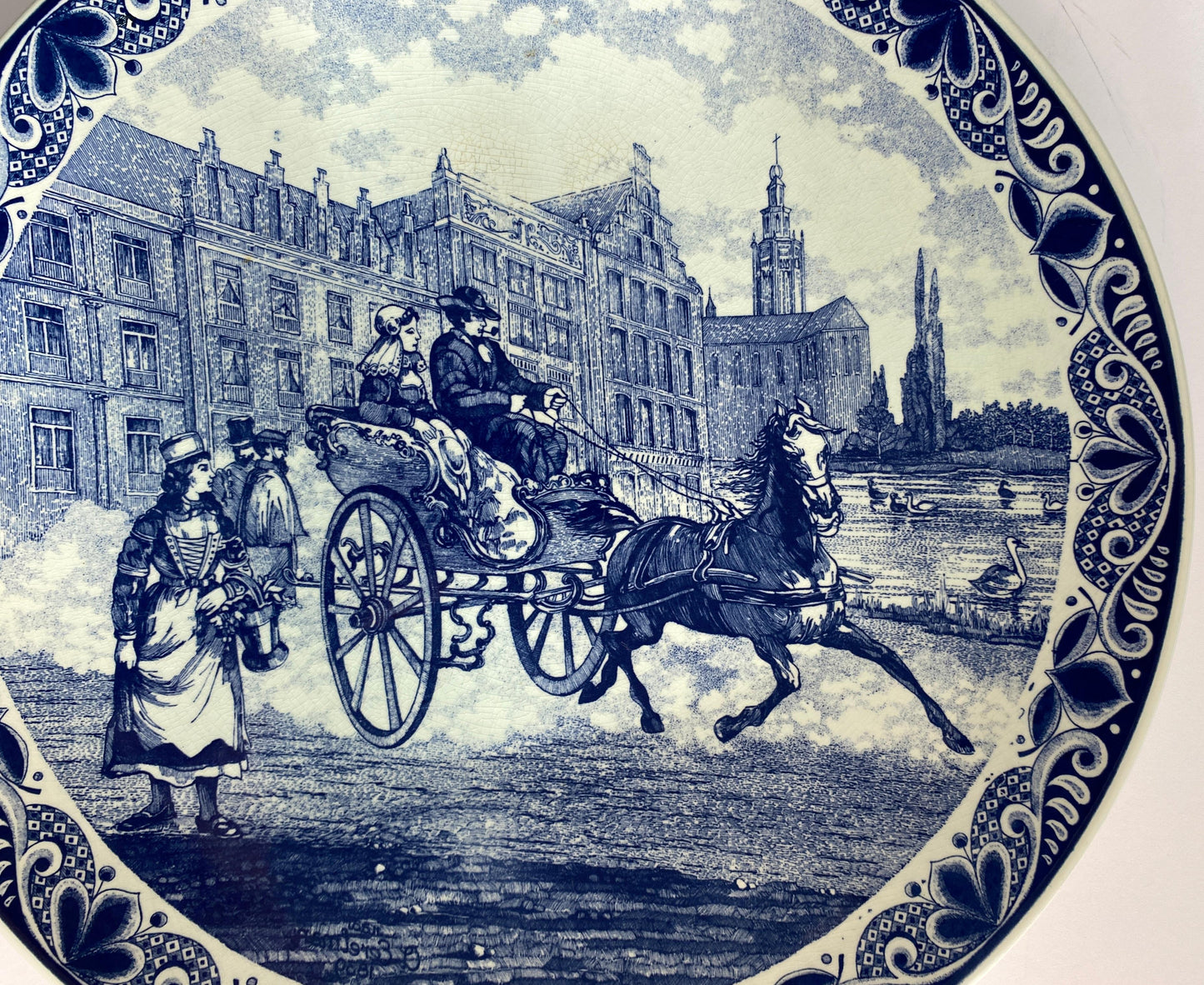Large Delft Porcelain Landscape Wall Plaque, Delft Blue & White Wall Plate — detail 2