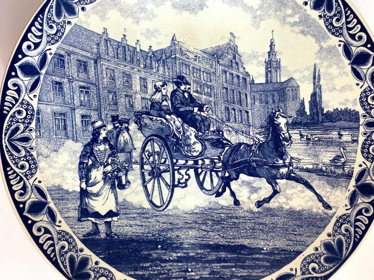 Large Delft Porcelain Landscape Wall Plaque, Delft Blue & White Wall Plate — detail 4