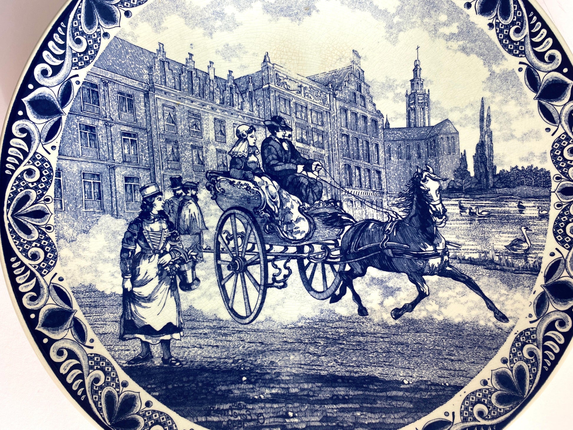 Large Delft Porcelain Landscape Wall Plaque, Delft Blue & White Wall Plate — detail 4