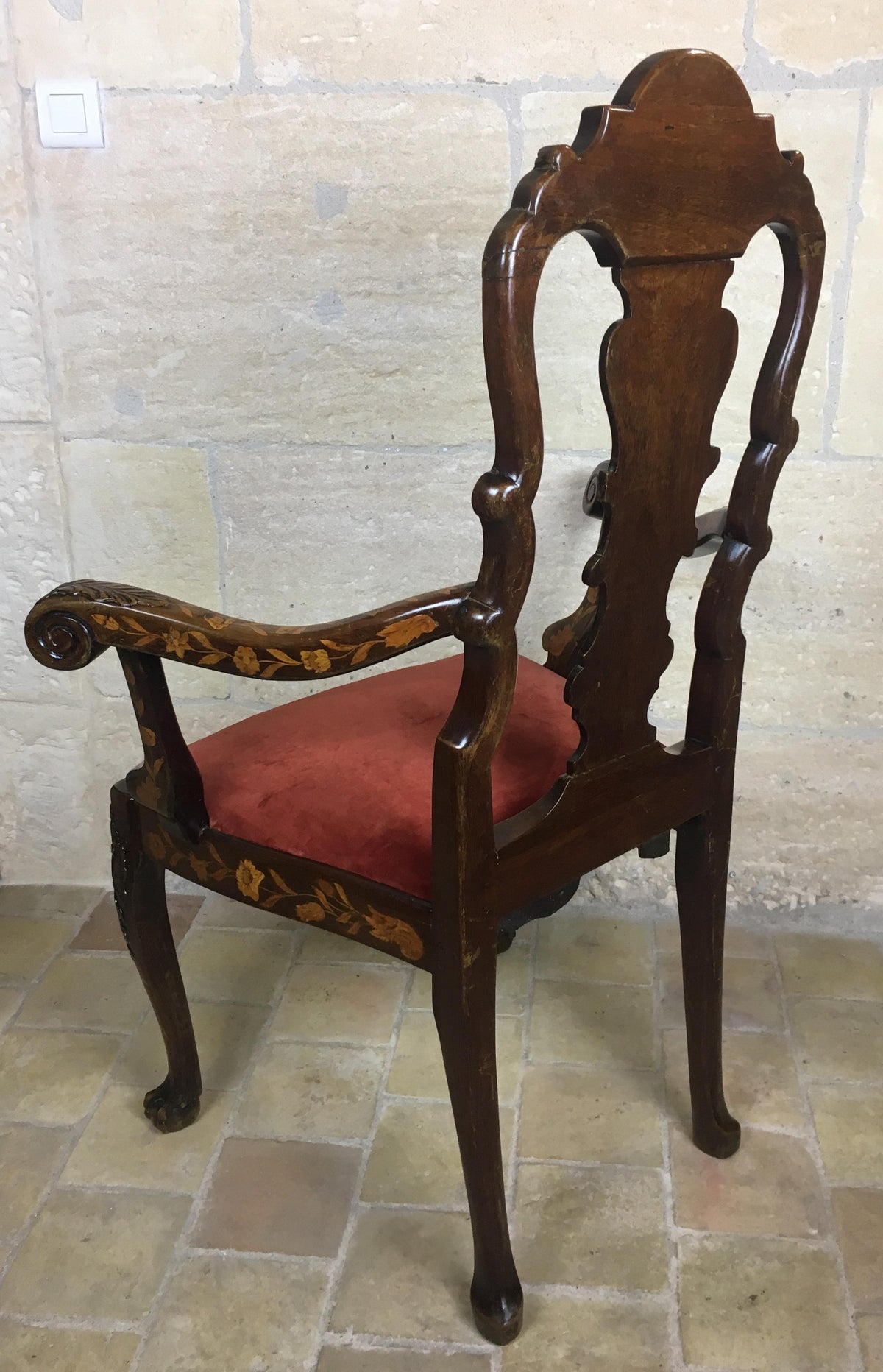 18th Century Dutch Walnut & Rosewood Armchair, Exceptional Marquetry & Carving — detail 3