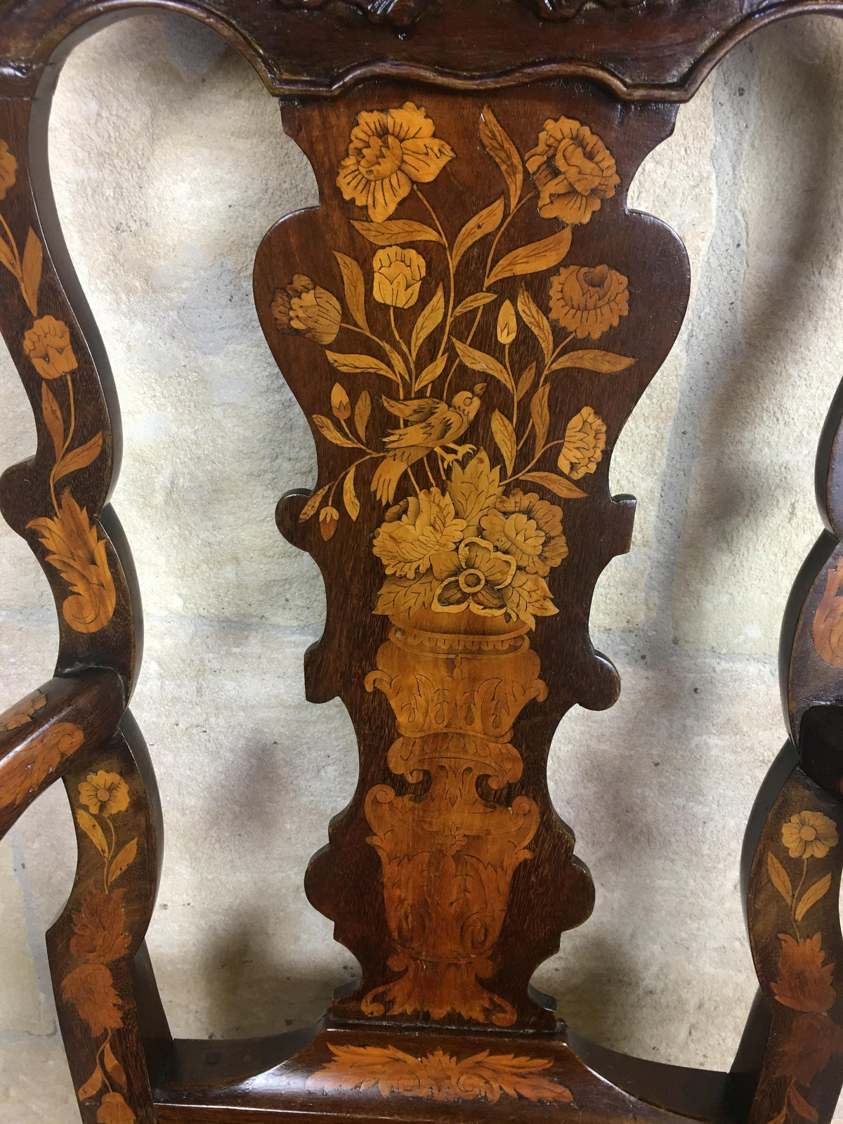 18th Century Dutch Walnut & Rosewood Armchair, Exceptional Marquetry & Carving — detail 4