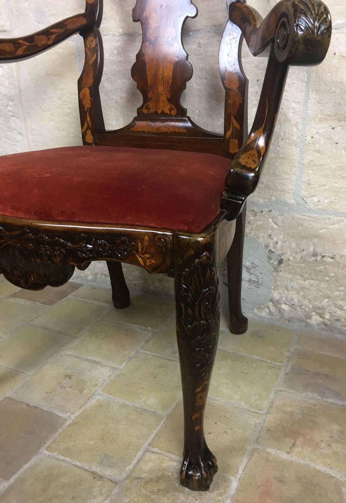 18th Century Dutch Walnut & Rosewood Armchair, Exceptional Marquetry & Carving — detail 6