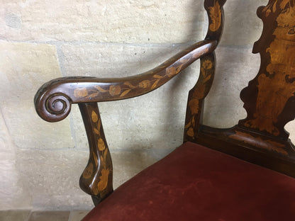 18th Century Dutch Walnut & Rosewood Armchair, Exceptional Marquetry & Carving — detail 7