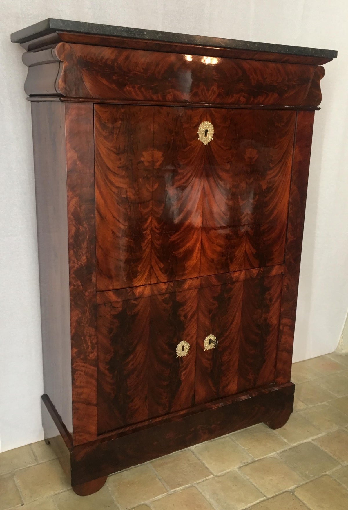 Early 19th Century French Empire Flame Mahogany Drop Front Secretary Desk — detail 2