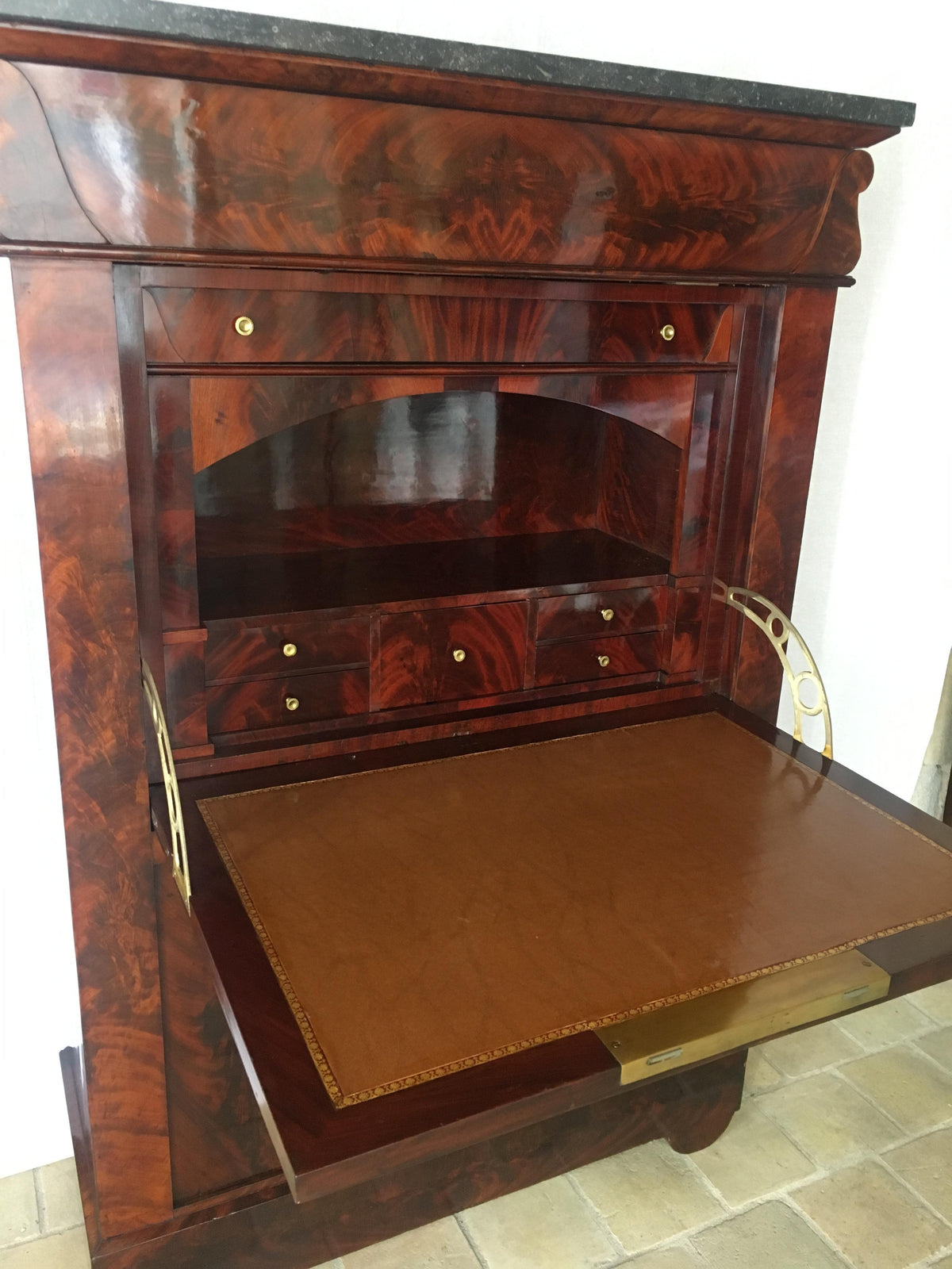 Early 19th Century French Empire Flame Mahogany Drop Front Secretary Desk — detail 6