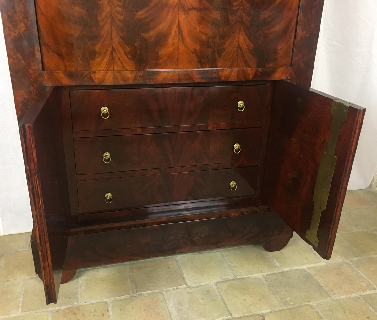 Early 19th Century French Empire Flame Mahogany Drop Front Secretary Desk — detail 10