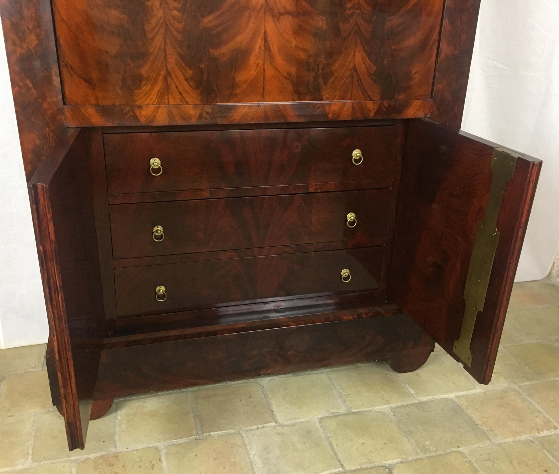 Early 19th Century French Empire Flame Mahogany Drop Front Secretary Desk — detail 10