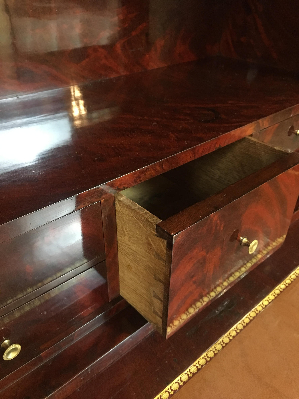 Early 19th Century French Empire Flame Mahogany Drop Front Secretary Desk — detail 8