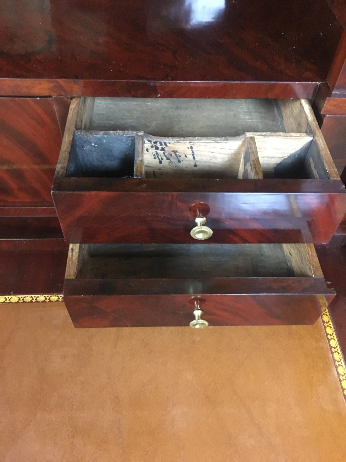 Early 19th Century French Empire Flame Mahogany Drop Front Secretary Desk — detail 7