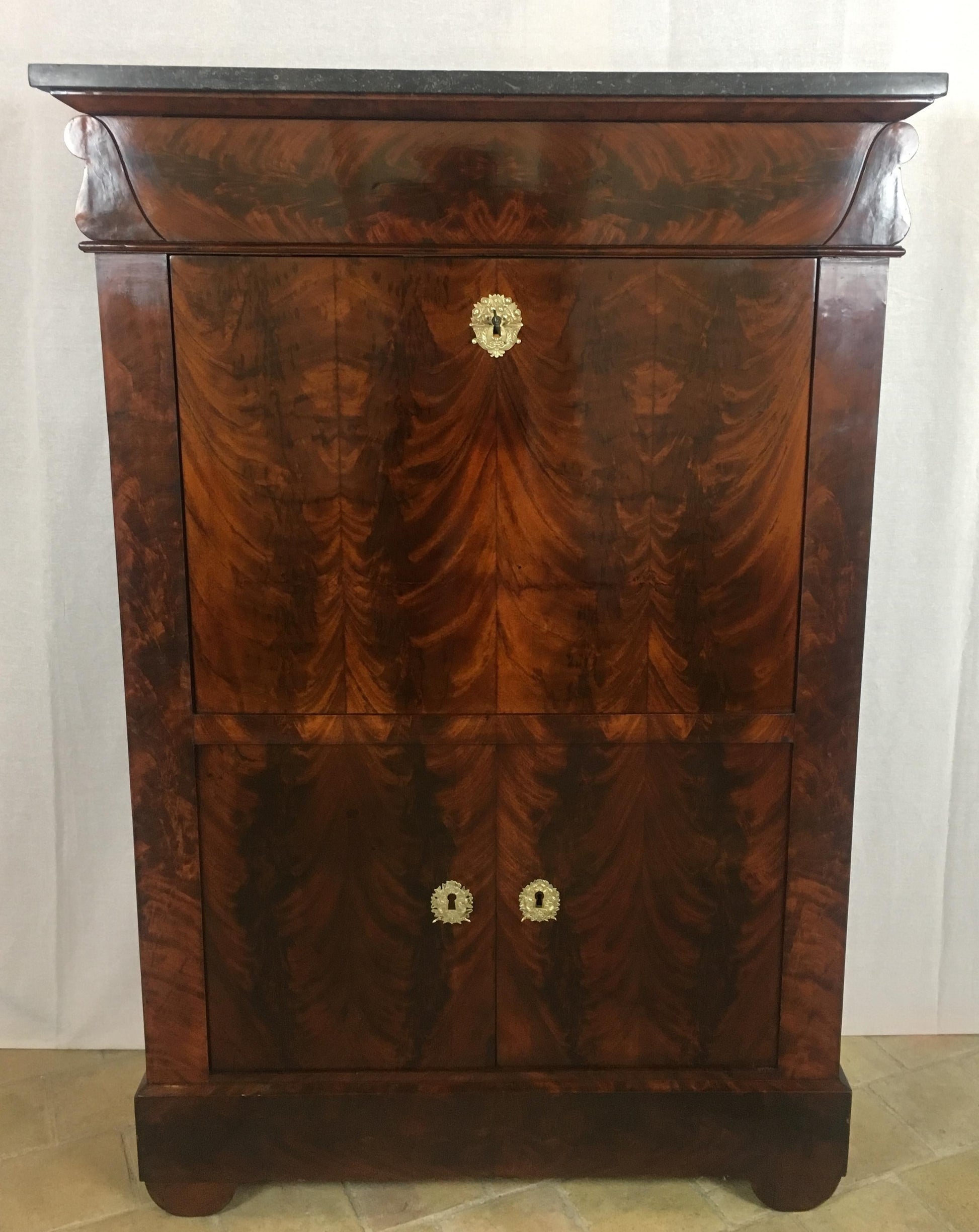 Early 19th Century French Empire Flame Mahogany Drop Front Secretary Desk — detail 15