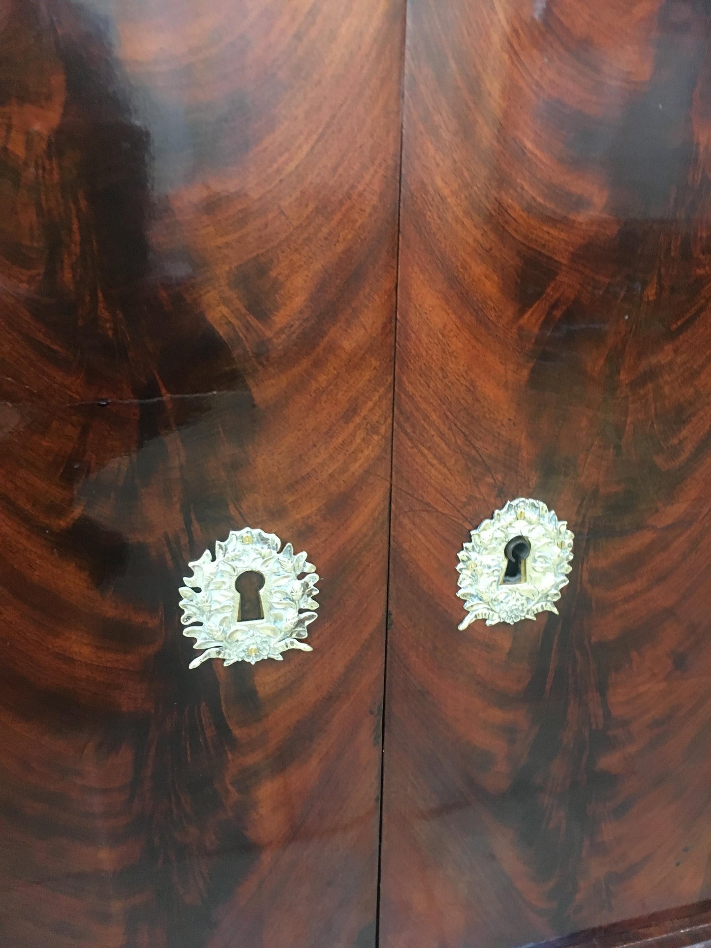 Early 19th Century French Empire Flame Mahogany Drop Front Secretary Desk — detail 16