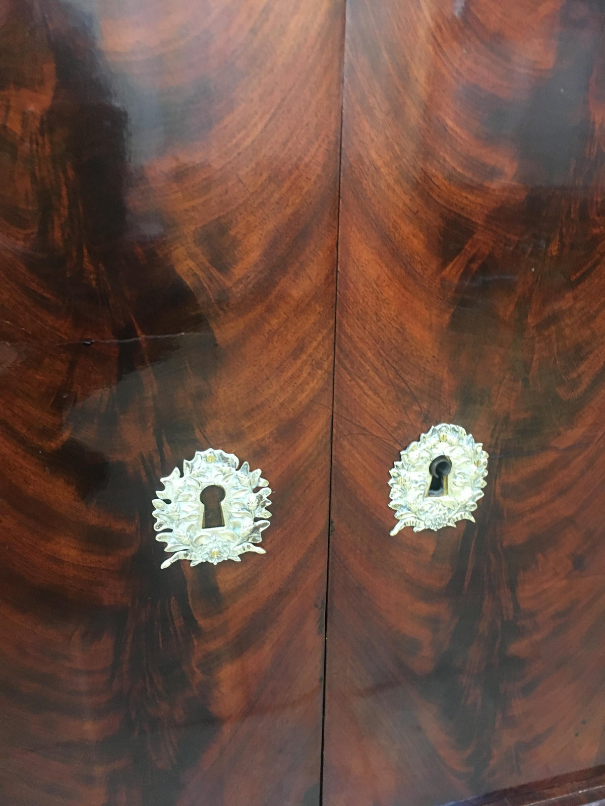 Early 19th Century French Empire Flame Mahogany Drop Front Secretary Desk — detail 16
