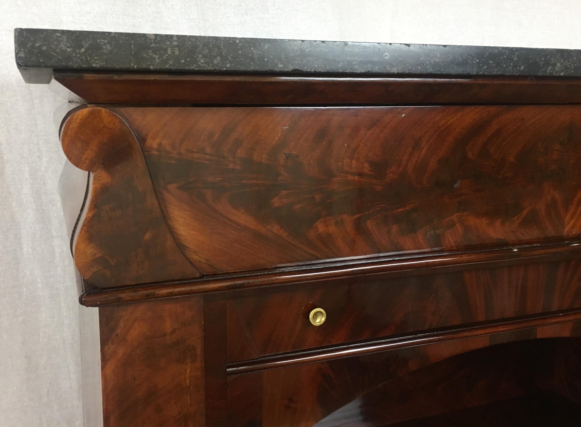 Early 19th Century French Empire Flame Mahogany Drop Front Secretary Desk — detail 5
