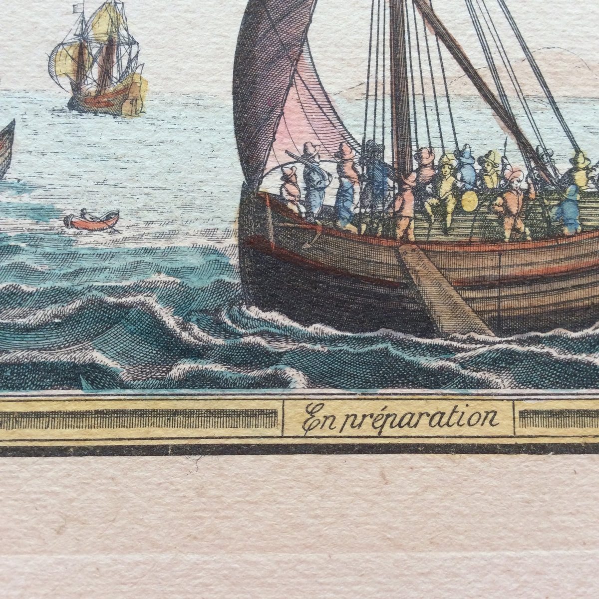 18th Century Color Engraving Print by Pieter F.H. Bruegel, Titled En Preparation
