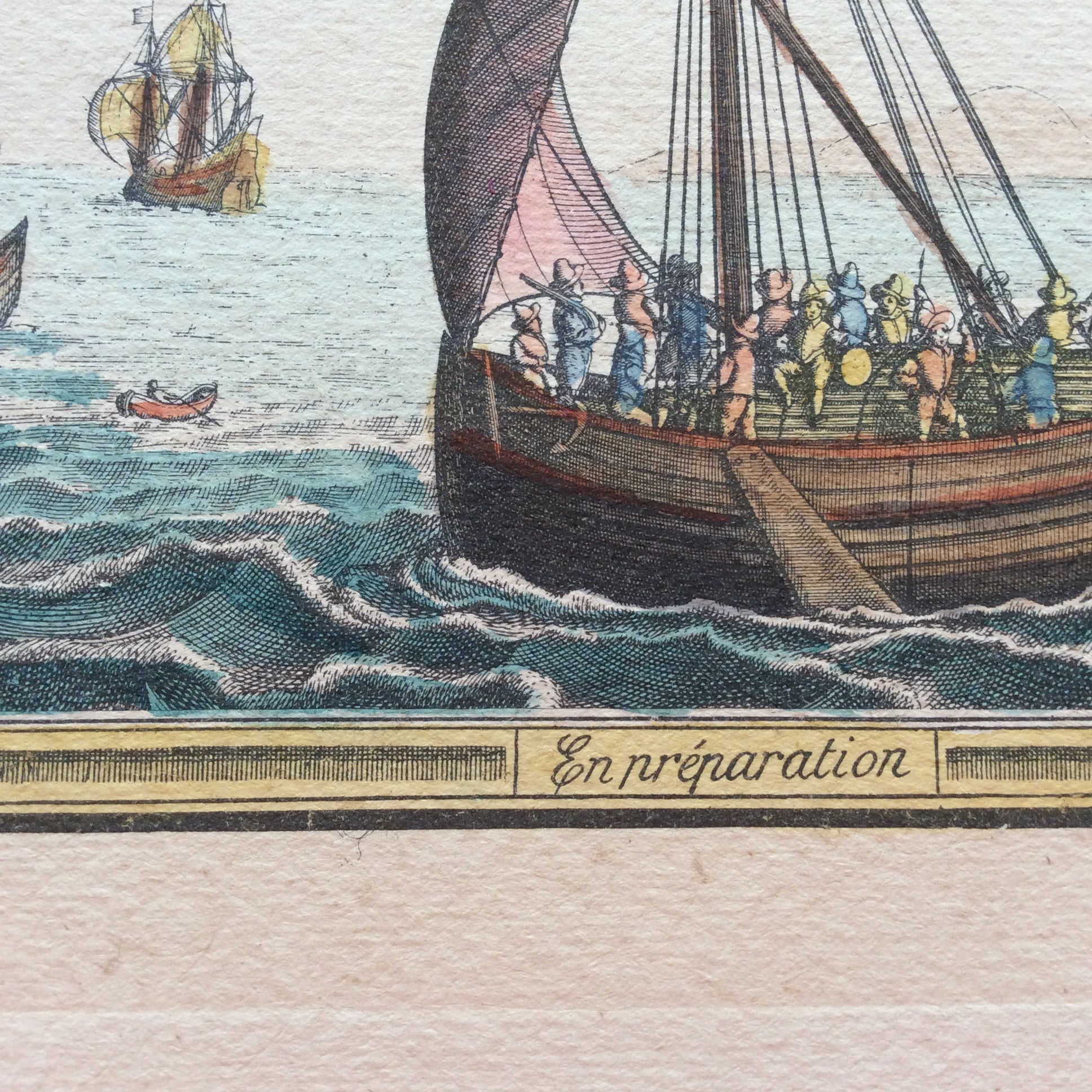 18th Century Color Engraving Print by Pieter F.H. Bruegel, Titled En Preparation