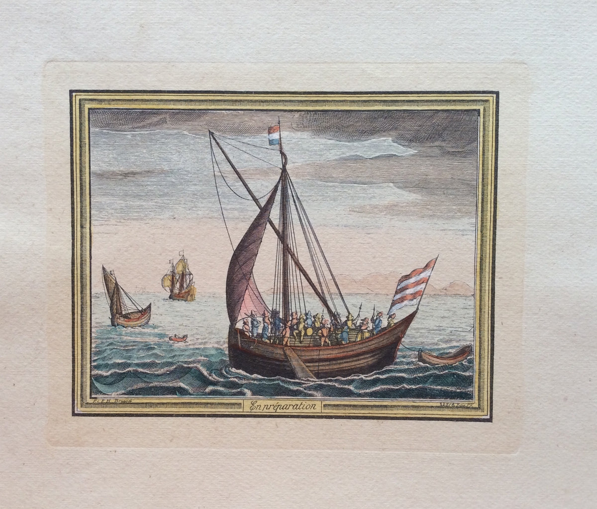 18th Century Color Engraving Print by Pieter F.H. Bruegel, Titled En Preparation — detail 2
