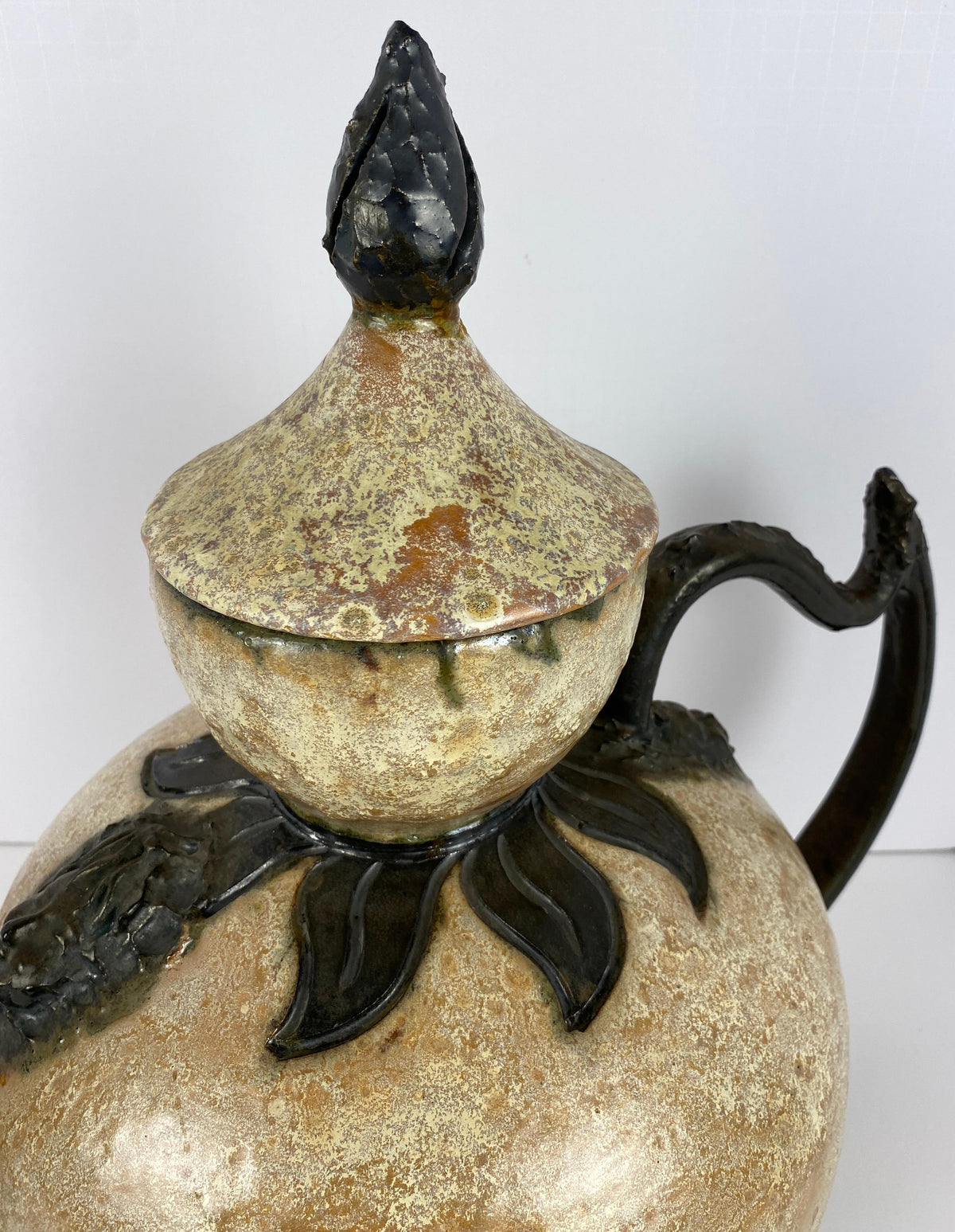 Antique Large Figural Art Pottery Vessel by S. Hublet, Beige Art Deco Style Vase — detail 3