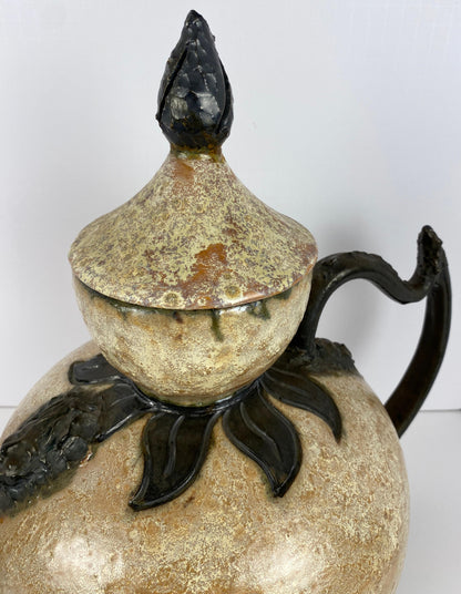 Antique Large Figural Art Pottery Vessel by S. Hublet, Beige Art Deco Style Vase — detail 3