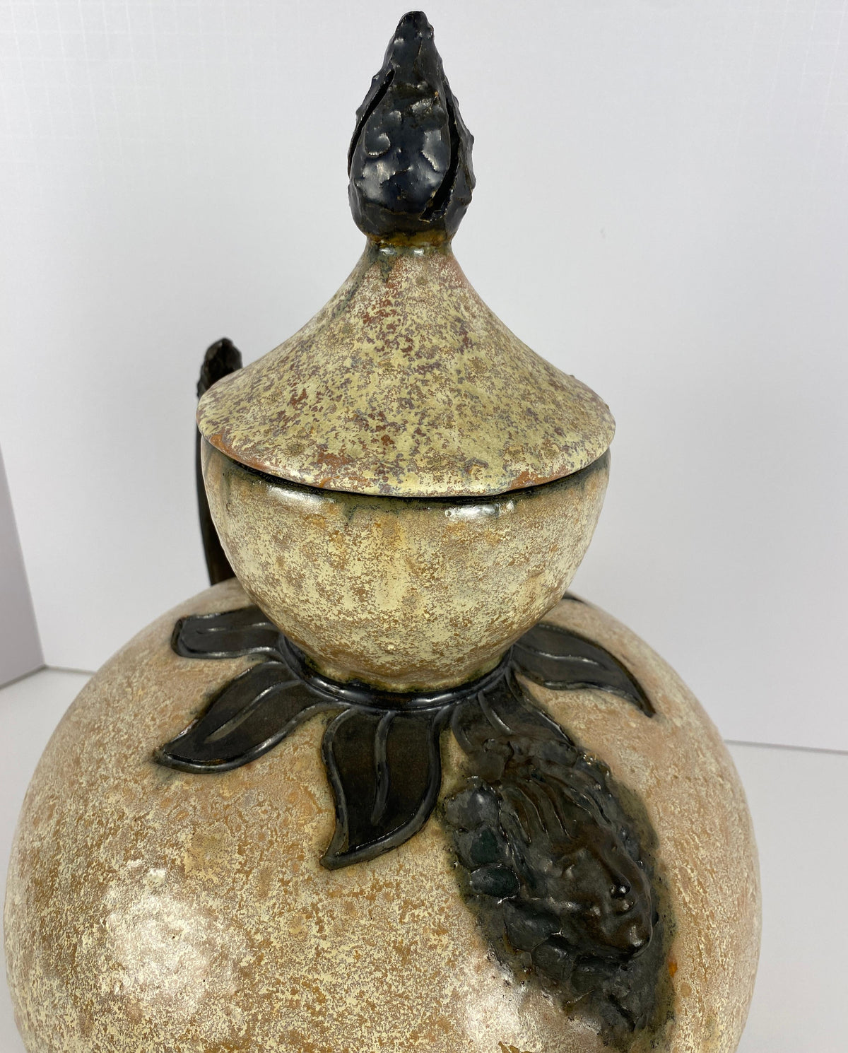 Antique Large Figural Art Pottery Vessel by S. Hublet, Beige Art Deco Style Vase — detail 6