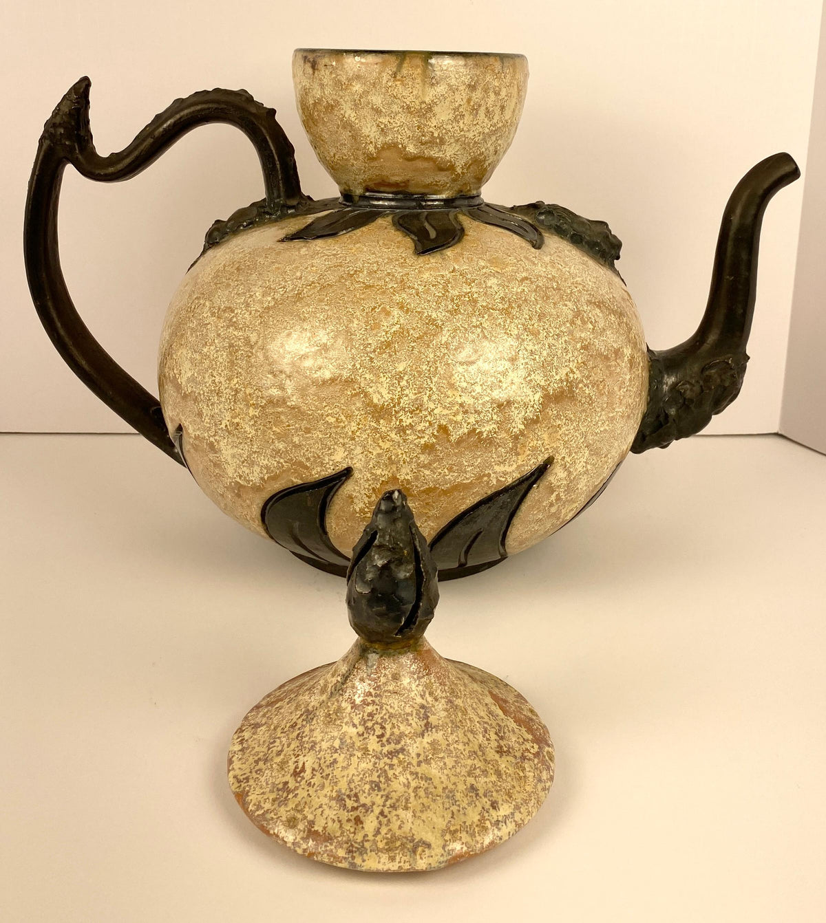 Antique Large Figural Art Pottery Vessel by S. Hublet, Beige Art Deco Style Vase — detail 13