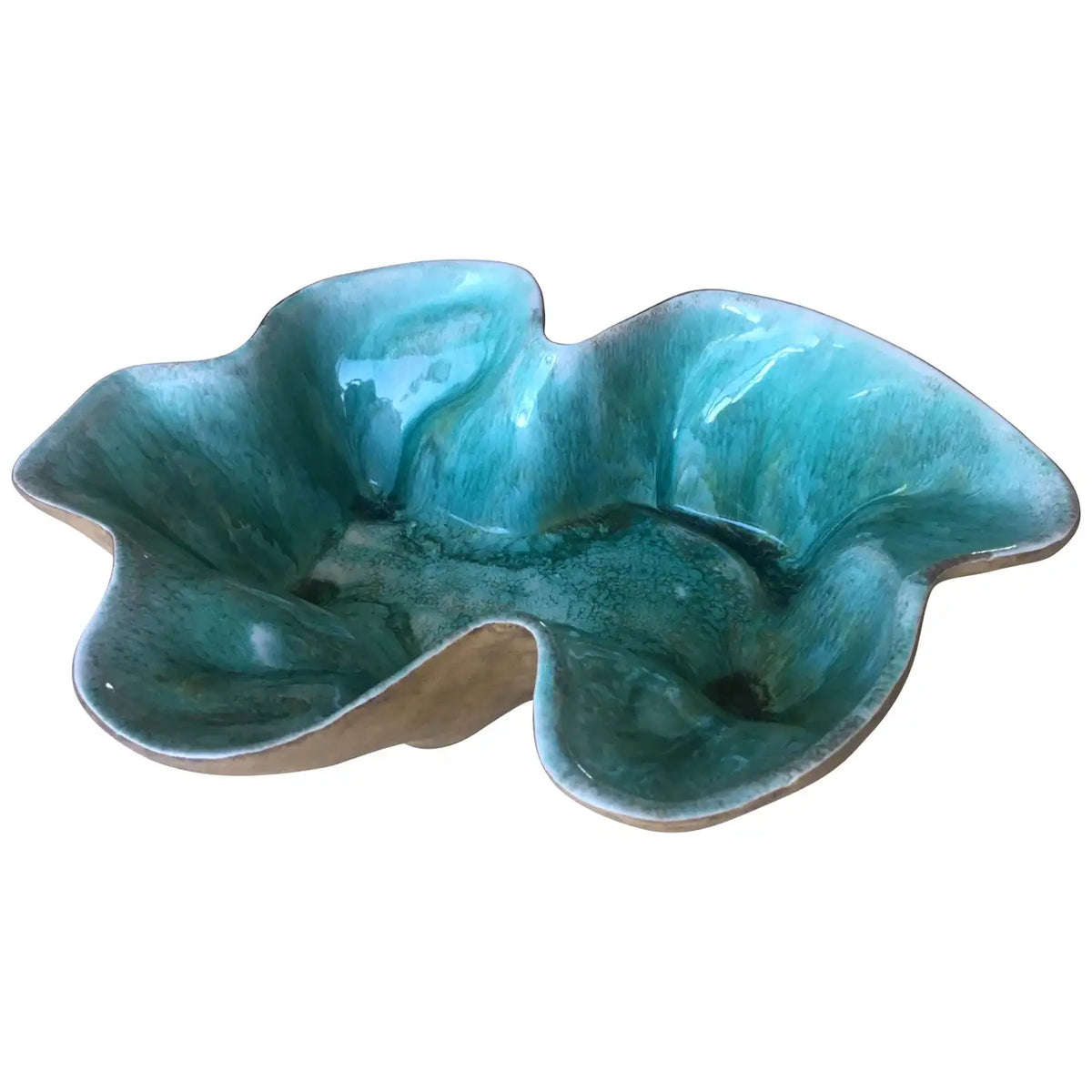 Midcentury Sculpted Ceramic Bowl by Flora Eckert Hammat, Turquoise Art Pottery — detail 3