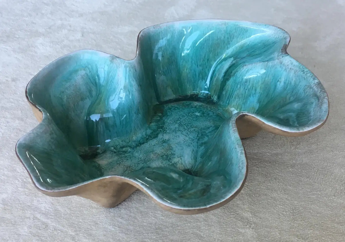 Midcentury Sculpted Ceramic Bowl by Flora Eckert Hammat, Turquoise Art Pottery — detail 2