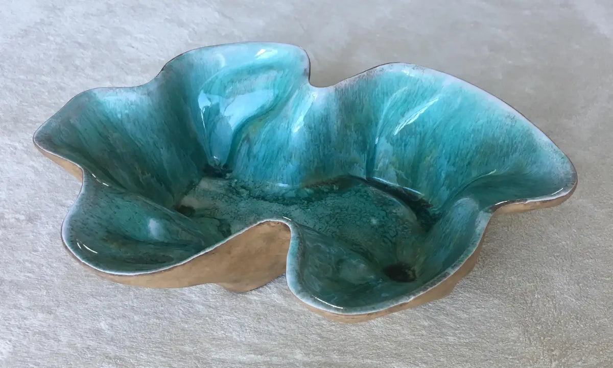 Midcentury Sculpted Ceramic Bowl by Flora Eckert Hammat, Turquoise Art Pottery — detail 4