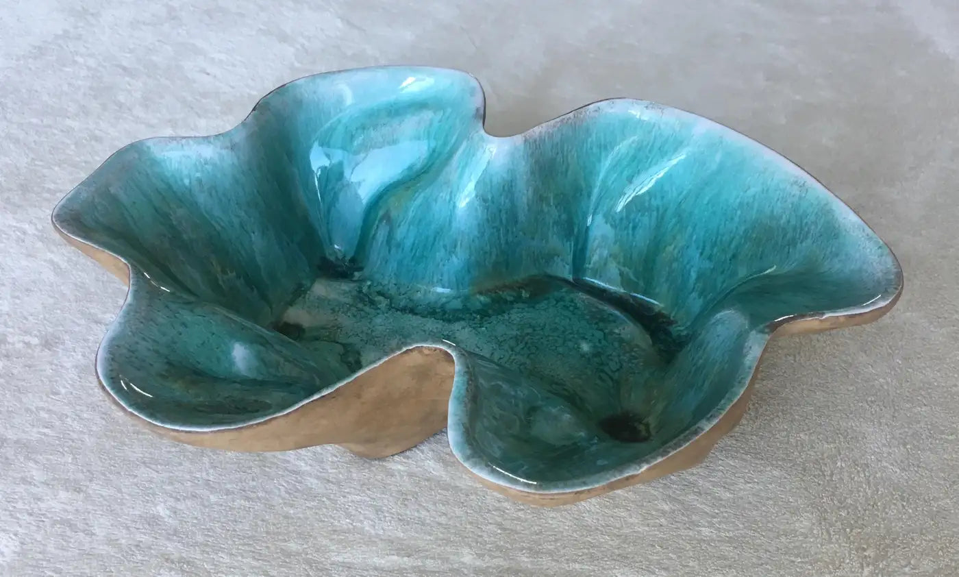 Midcentury Sculpted Ceramic Bowl by Flora Eckert Hammat, Turquoise Art Pottery — detail 4