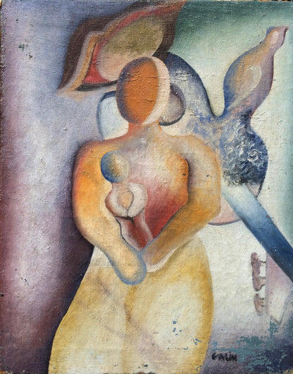 Abstract Figurative Cubist Painting, Mid-Century Style, Signed "Galin" — detail 2