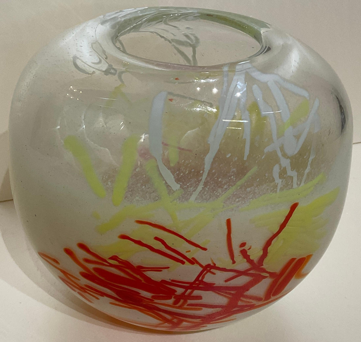 French Art Glass Vase, Signed Red Yellow White — detail 5